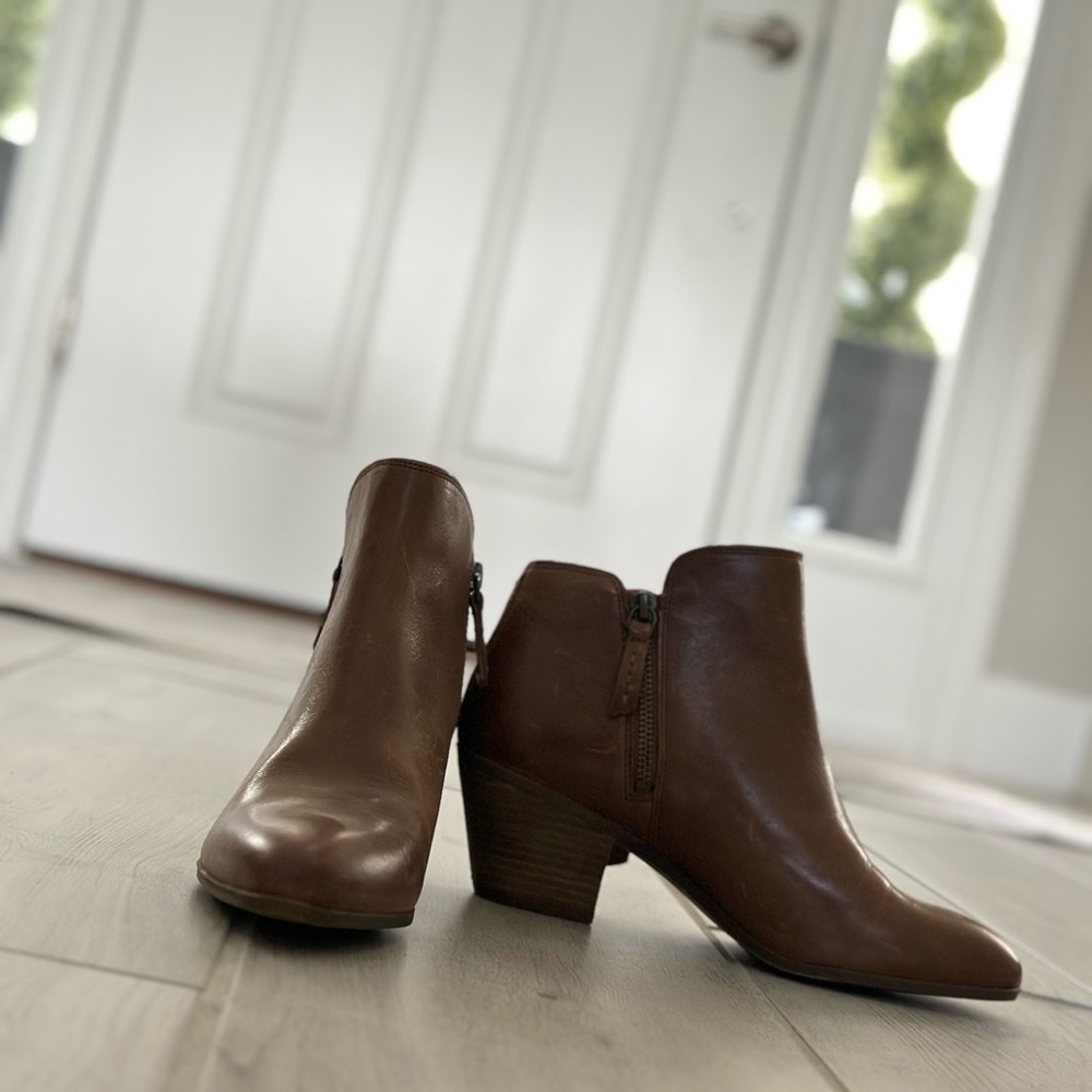 Frye Brown Leather Ankle Booties with Block Heel